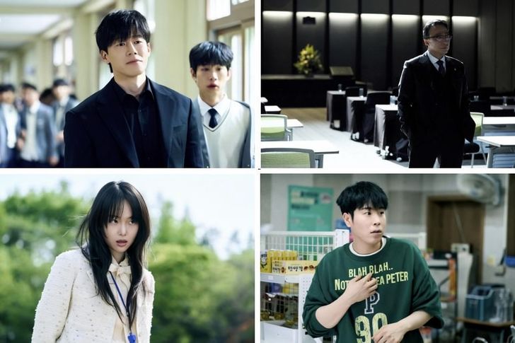 Các cảnh trong loạt phim Netflix Teach You a Lesson. Từ góc trên bên trái, theo chiều kim đồng hồ: các diễn viên Kim Moo-yul, Lee Sung-min, P.O và Jin Ki-joo. Ảnh: Netflix.