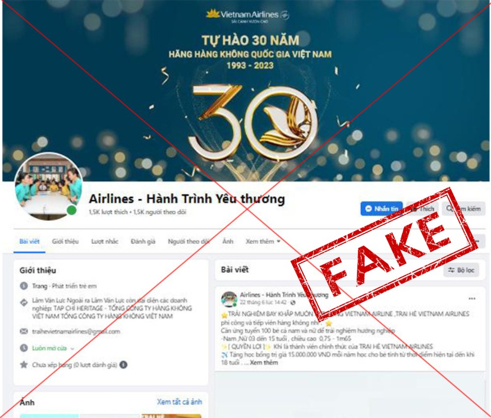 Một số trang mạng xã hội giả mạo Vietnam Airlines, sử dụng tên gọi và hình ảnh liên quan đến hàng không để quảng bá các chương trình trải nghiệm, hướng nghiệp và hoạt động dành cho trẻ em