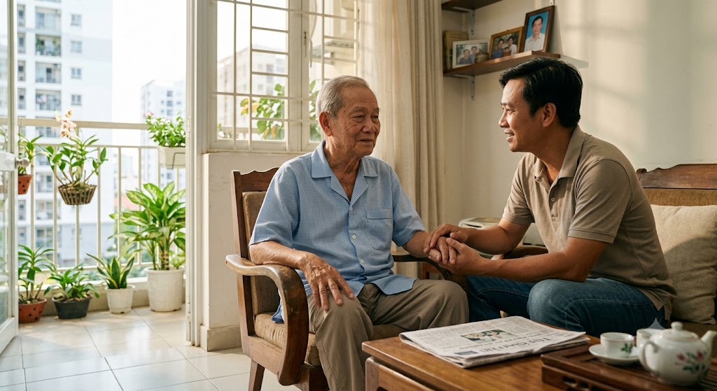 Khi yêu thương, phụ nữ hay đàn ông đều tận tụy chăm sóc cha mẹ già - Ảnh được tạo bởi AI