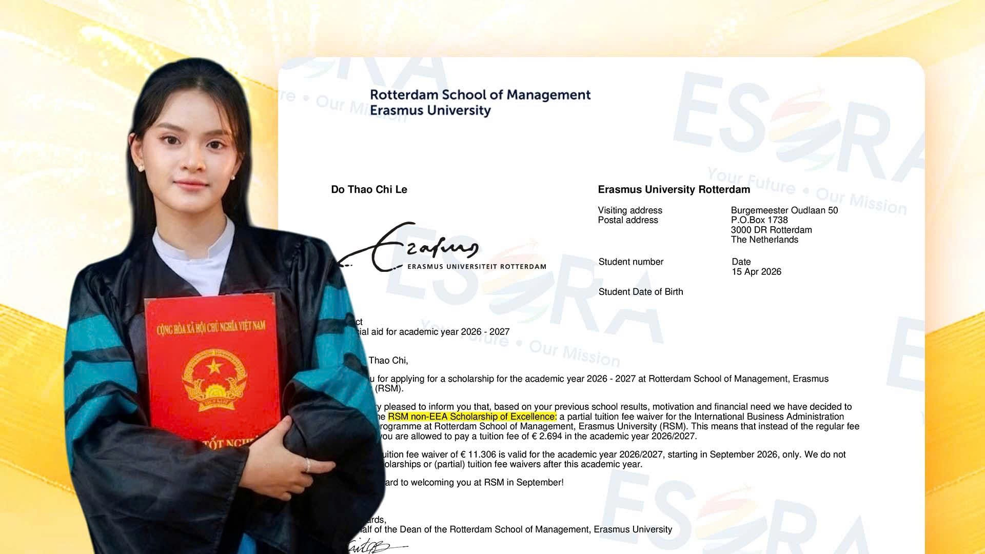 Lê Đỗ Thảo Chi nhận được giấy báo học bổng từ Trường Erasmus - Ảnh: Esora Academy