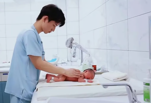 Zhang, ở trên, dịu dàng đối phó với một đứa trẻ sơ sinh trong bệnh viện. Ảnh: Weixin