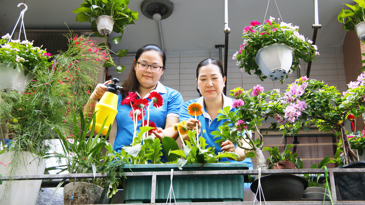 Ban công nhà chị Phạm Thị Vi (bìa phải) - Chi hội trưởng Chi hội Phụ nữ khu phố 14, phường Bảy Hiền - ngập sắc hoa