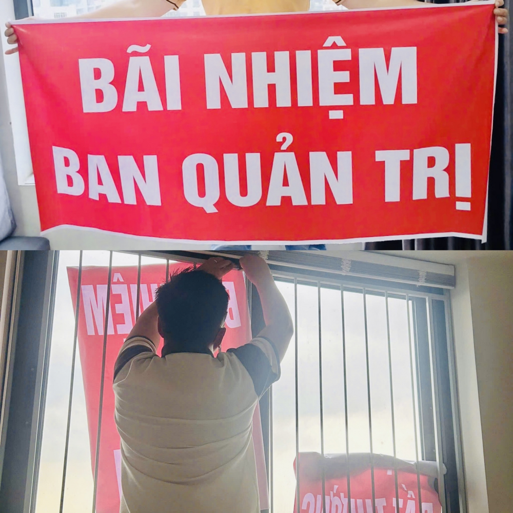 Cư dân Bcons Garden tiêp tục treo băng rôn đỏ yêu cầu bãi nhiệm ban quản trị. Ảnh: người dân cung cấp.
