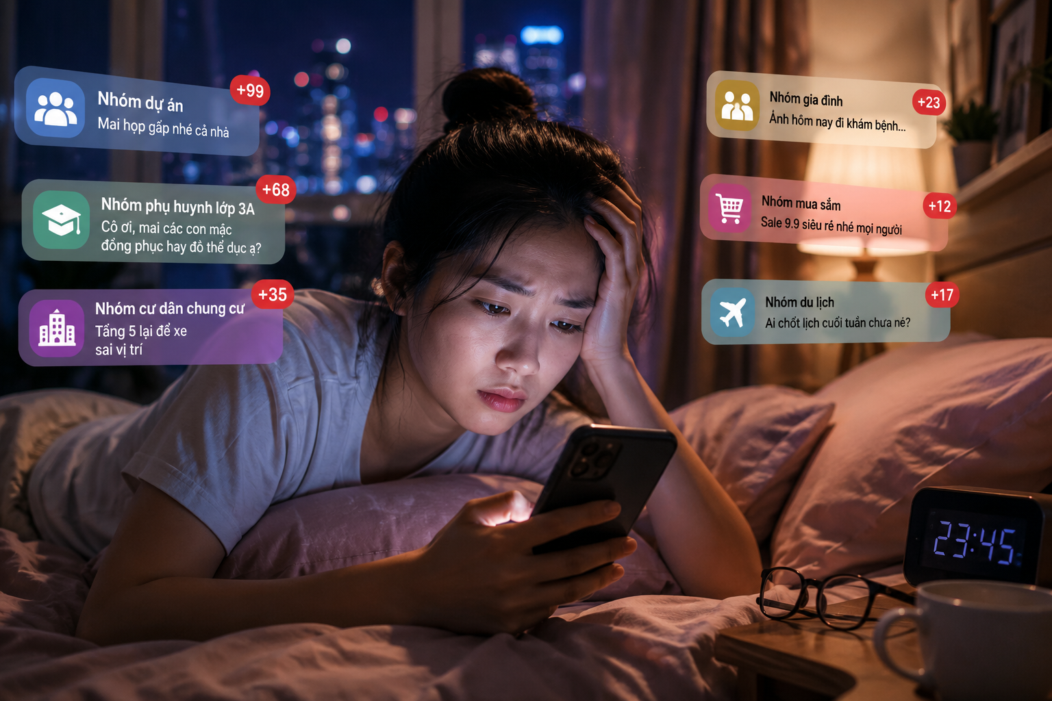 Những thông báo liên tục từ các nhóm chat công việc, gia đình và cộng đồng đang khiến nhiều người khó thực sự nghỉ ngơi, ngay cả khi ngày làm việc đã kết thúc. Ảnh minh họa.