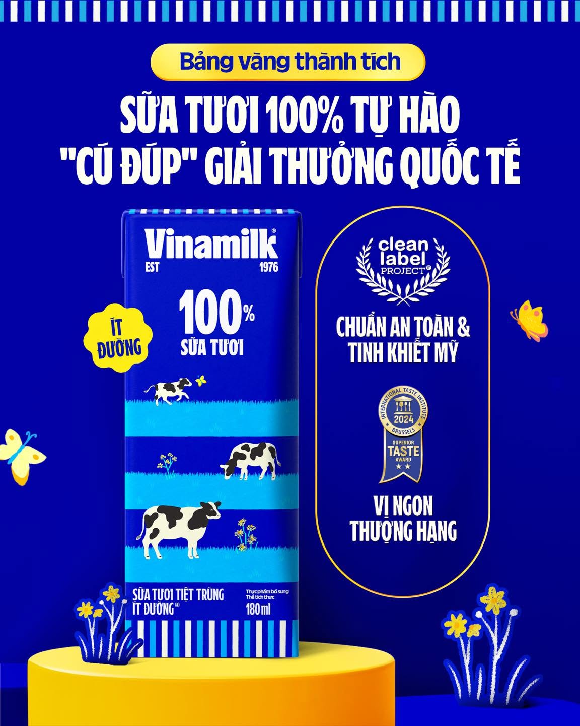 Cú đúp giải thưởng danh giá là bảo chứng cho vị ngon, độ an toàn và chất lượng chuẩn quốc tế của Sữa tươi Vinamilk 100%