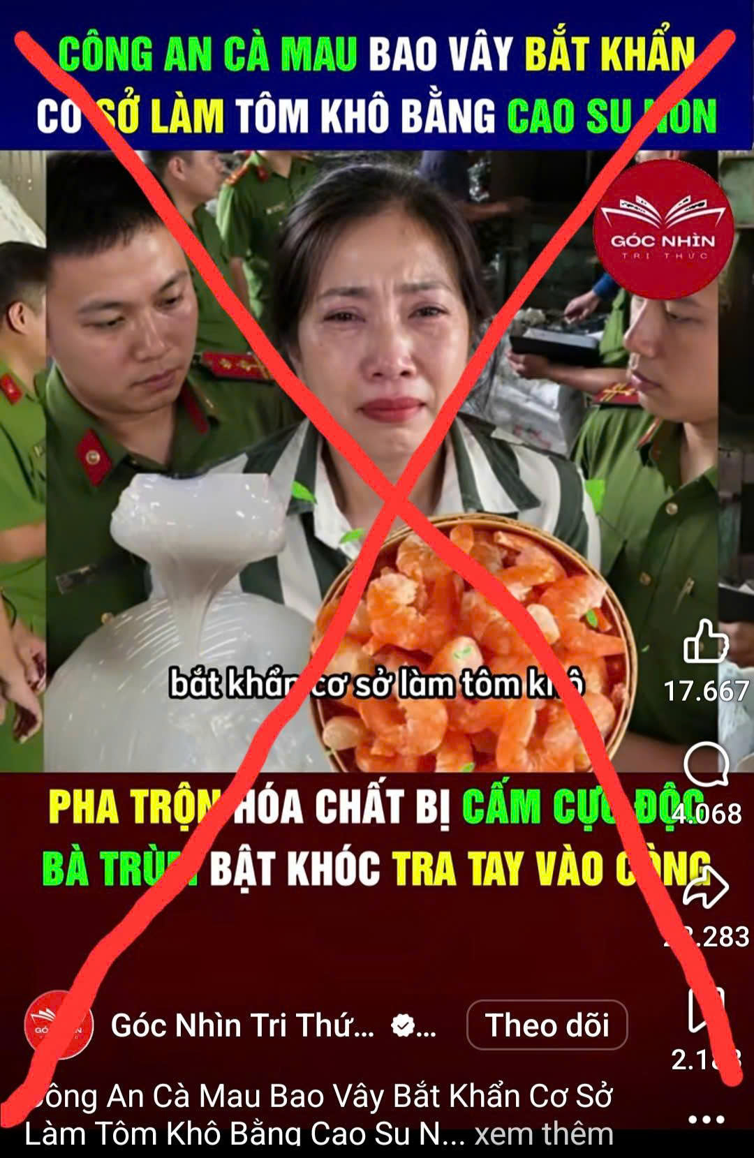Trang Fanpage “Góc nhìn tri thức” đăng tải thông tin sai sự thật liên quan sản phẩm tôm khô Cà Mau