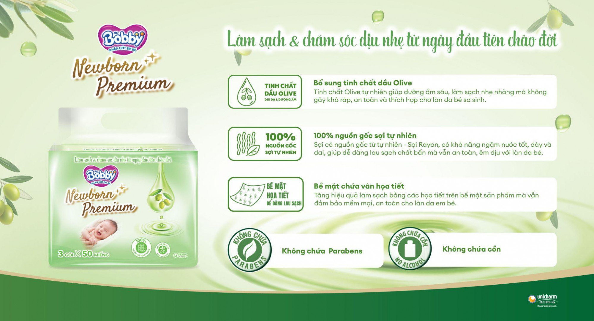 100% sợi rayon nguồn gốc tự nhiên kết hợp tinh chất dầu Olive giúp làm sạch và dưỡng ẩm cho da bé
