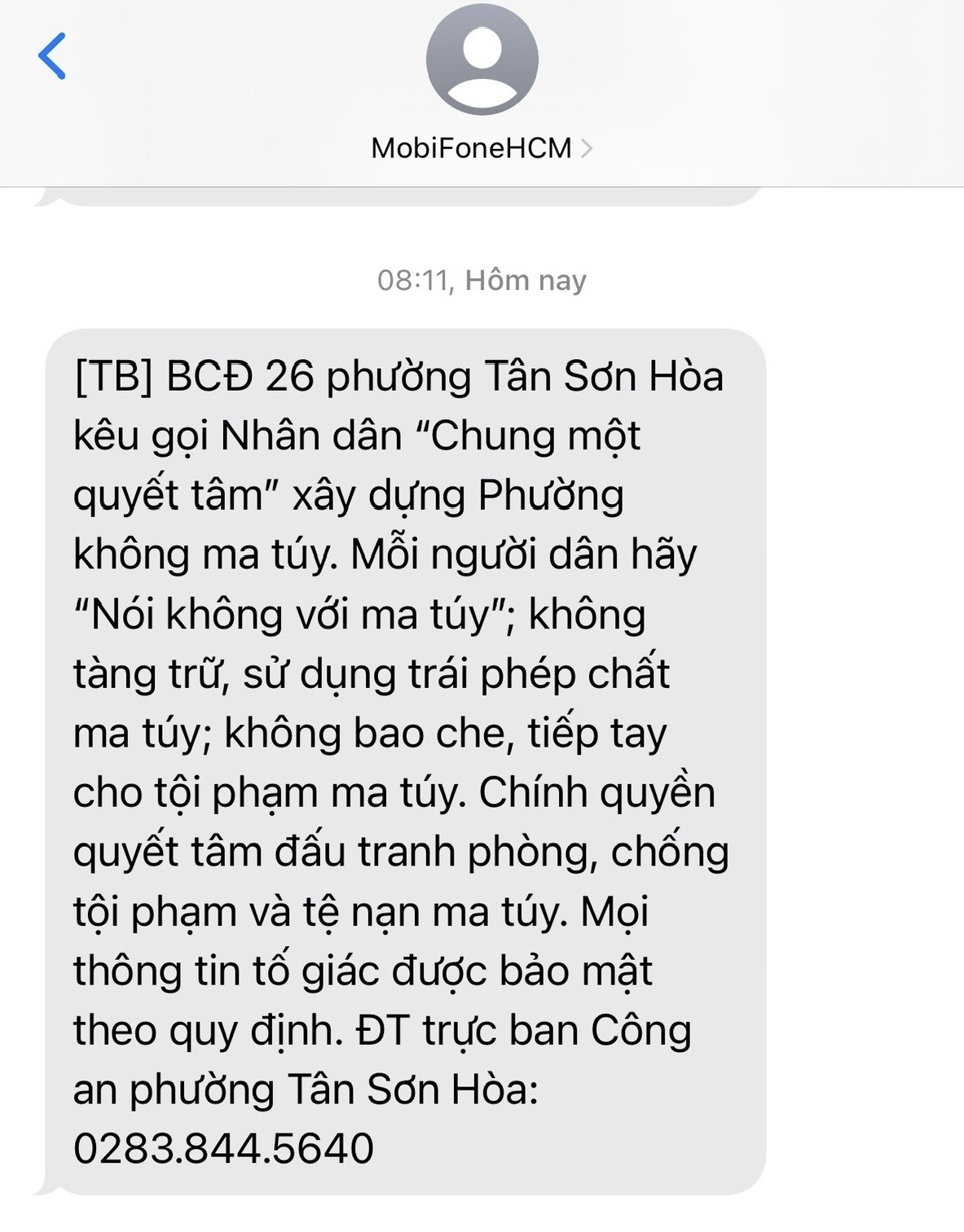 Nhắn tin đến hàng ngàn thuê bao trong dịp 26/6 là cách làm mới của phường Tân Sơn Hòa nhằm nâng cao nhận thức cộng đồng về phòng, chống ma túy - Ảnh: Chụp màn hình