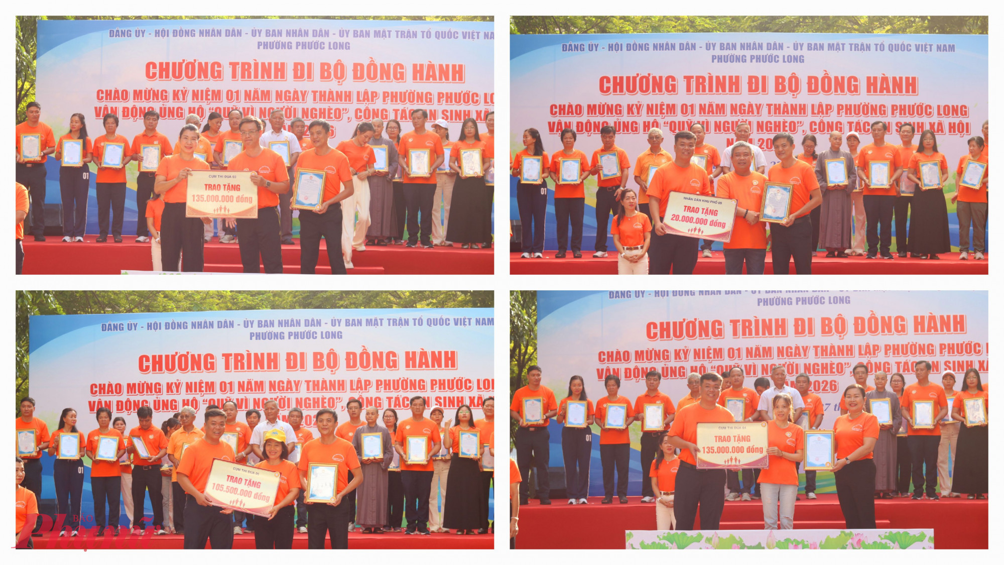 Ban tổ chức tiếp nhận bảng tượng trưng số tiền ủng hộ và trao thư cảm ơn đến đại diện các đơn vị - Ảnh: Mẫn Nhi