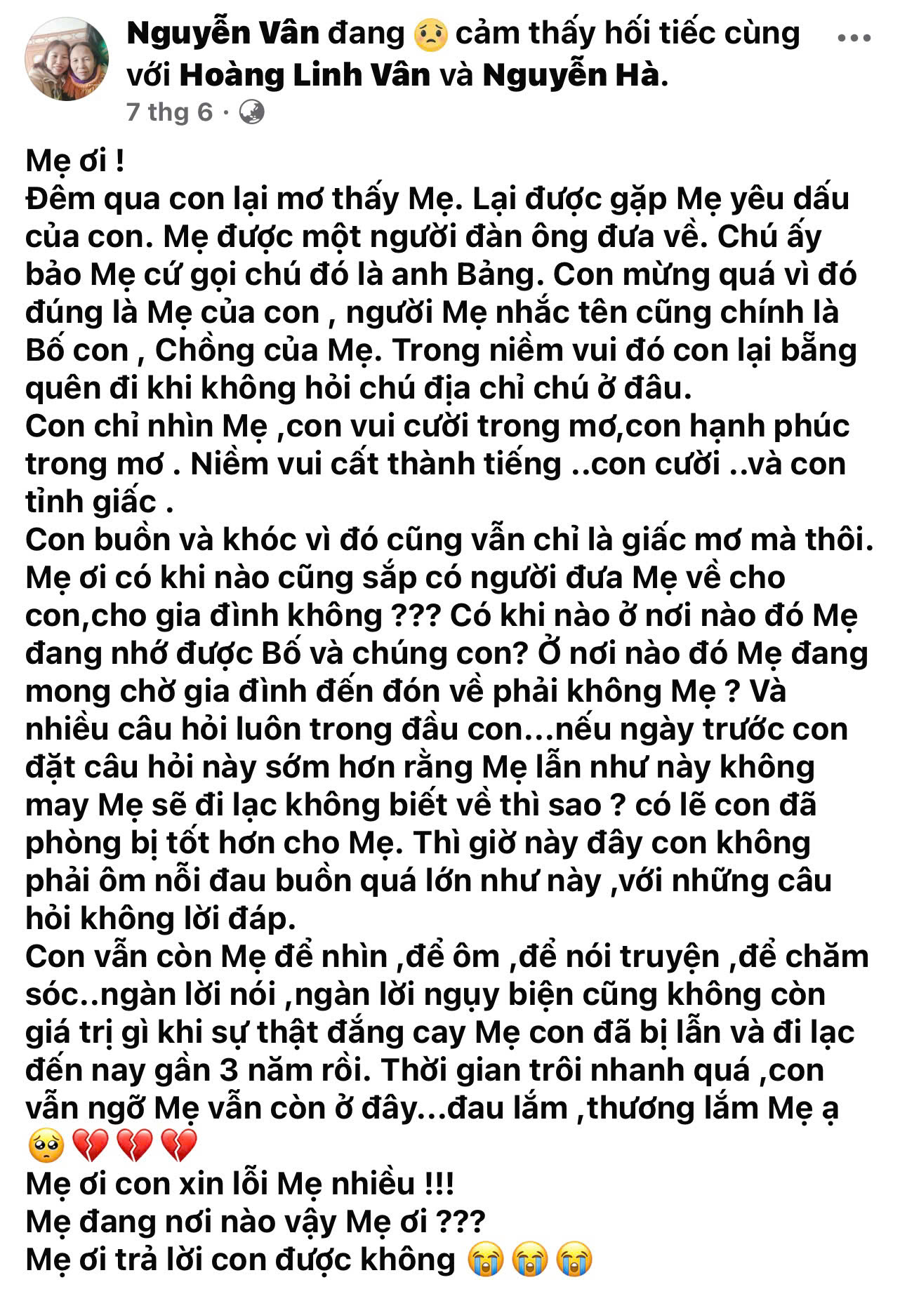 Giấc mơ diệu kỳ chị Vân được gặp lại mẹ - Ảnh: Facebook Nguyễn Vân