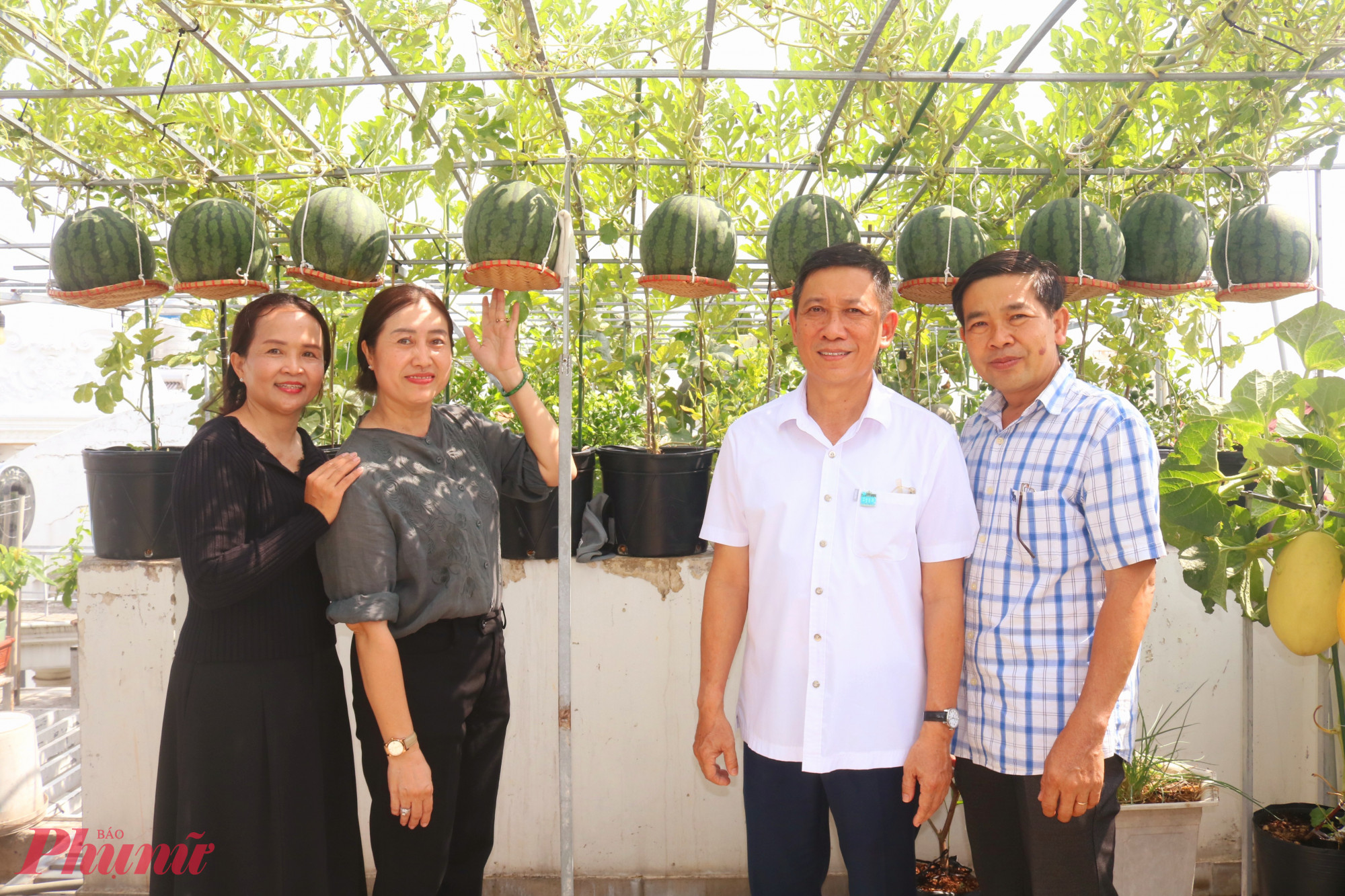 Ông Trần Xuân Điền – Bí thư Đảng ủy, Chủ tịch HĐND phường Bình Trị Đông (thứ 2, từ phải qua) – và bà Lê Thị Sa Đam – Phó chủ tịch Ủy ban MTTQ Việt Nam phường Bình Trị Đông, Chủ tịch Hội LHPN phường (thứ 2, từ trái qua) - ghé thăm khu vườn của vợ chồng chị Nhung - Ảnh: Mẫn Nhi