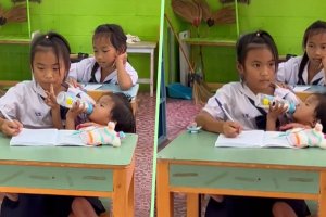 Bé gái 10 tuổi Thái Lan mang em tới trường