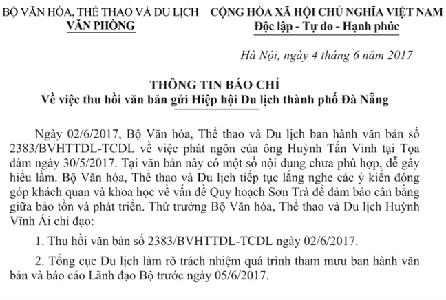Bo Van hoa thu hoi van ban doi ‘xu ly’ ong Huynh Tan Vinh