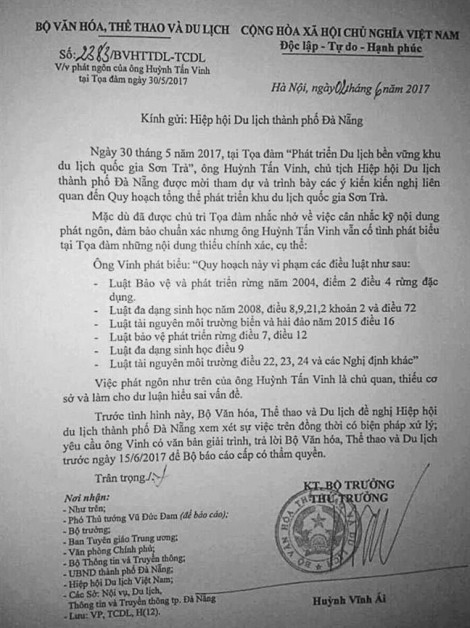 Bộ Văn hóa đòi ‘xử lý’ ông Huỳnh Tấn Vinh vì bảo vệ Sơn Trà