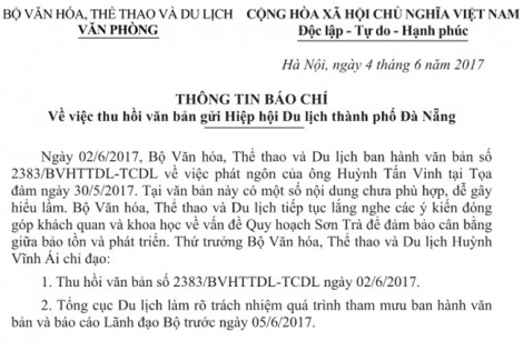 Bộ Văn hóa thu hồi văn bản đòi ‘xử lý’ ông Huỳnh Tấn Vinh