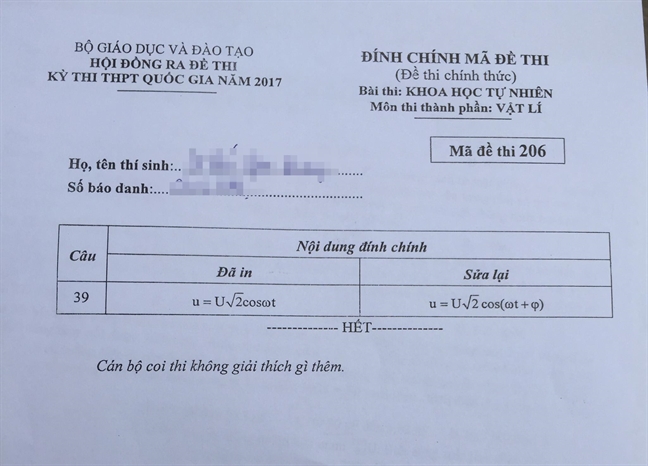 De bi sai sot, Bo GD-DT gui kem dinh chinh 7 ma de mon Vat ly