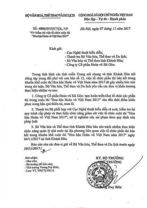 Bộ VH-TT&DL chính thức yêu cầu kiểm tra, xử lý nghiêm các sai phạm của BTC ‘Hoa hậu Hoàn vũ Việt Nam 2017’