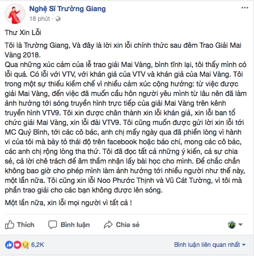 Truong Giang chinh thuc xin loi sau on ao cau hon Nha Phuong tai 'Mai Vang'