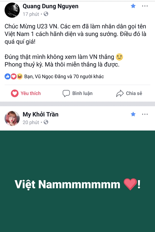 Lang giai tri han hoan, ron rang voi chien thang cua U23 Viet Nam