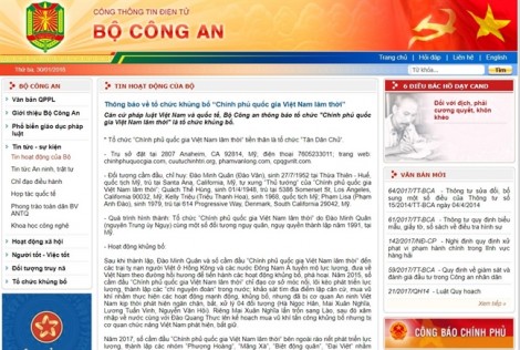 Thông báo về tổ chức khủng bố 'Chính phủ quốc gia Việt Nam lâm thời'