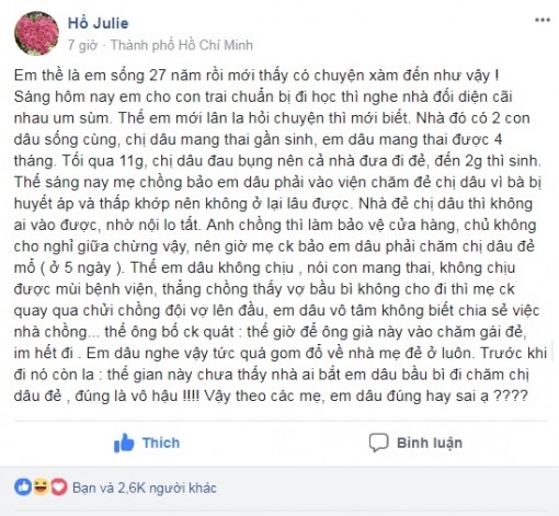 Em dâu bầu 4 tháng, sức đâu mà vào viện chăm chị dâu đẻ?