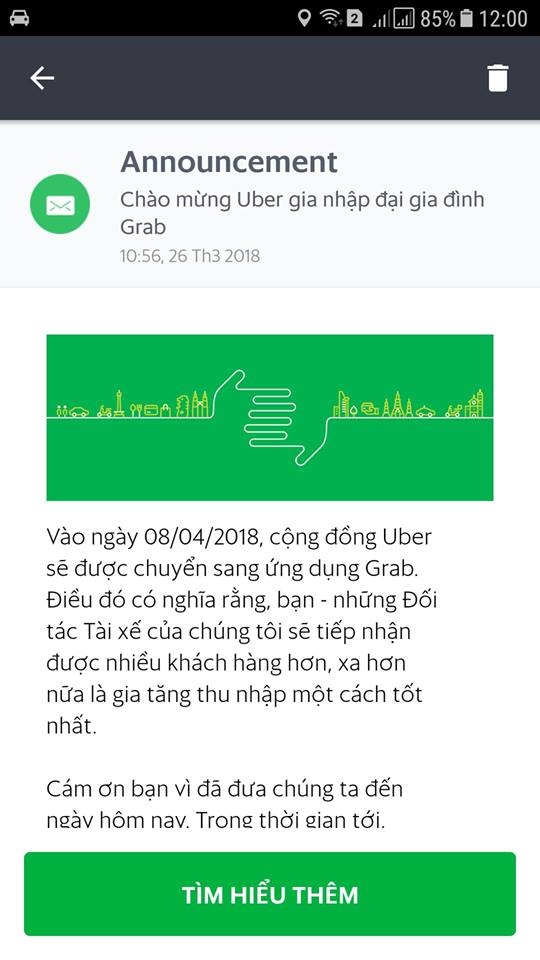 Tai xe Uber tai Viet Nam se chuyen sang Grab hoat dong tu 8/4