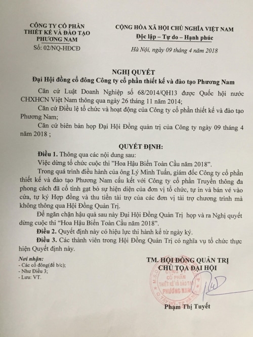 Cuc NTBD yeu cau BTC Hoa hau Bien Viet Nam Toan cau 2018 giai trinh