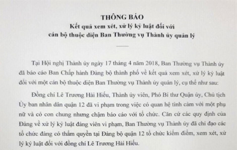 Kỷ luật Chủ tịch UBND Quận 12 Lê Trương Hải Hiếu