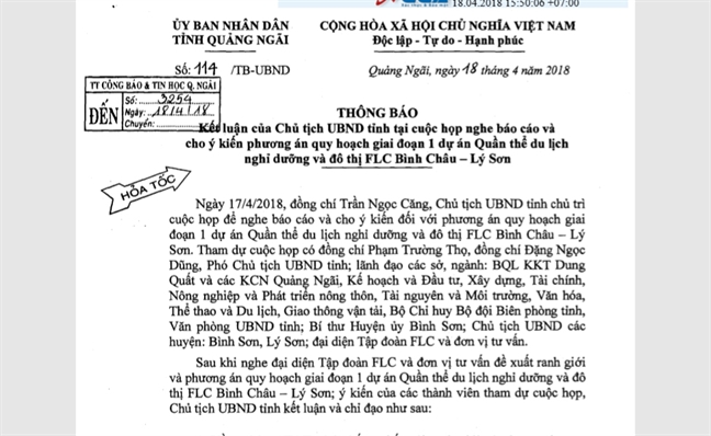Quang Ngai gui cong van 'hoa toc' xin doi ca don bien phong lam resort?