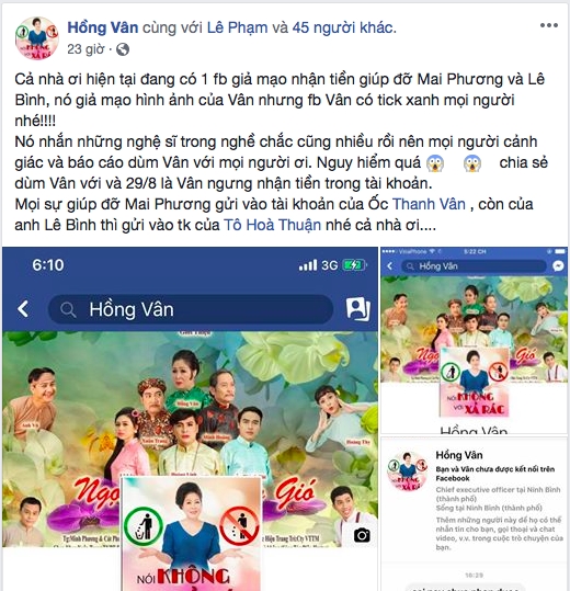 Gia Facebook nghe si, truc loi tien quyen gop Le Binh, Mai Phuong