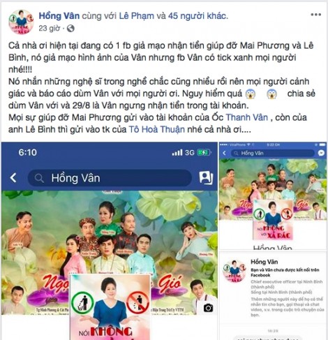 Giả Facebook nghệ sĩ, trục lợi tiền quyên góp Lê Bình, Mai Phương