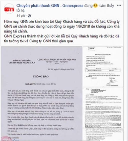 Một công ty chuyển phát nhanh dừng hoạt động do không còn khả năng tài chính