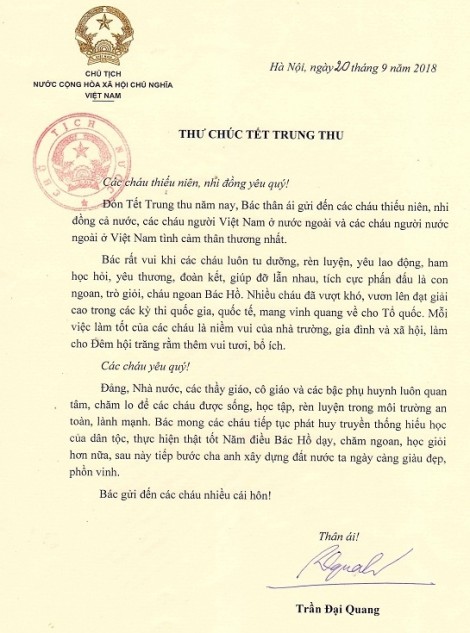 Bức thư cuối cùng của Chủ tịch nước Trần Đại Quang