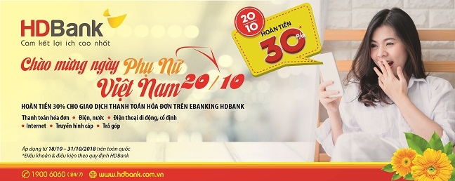 HDBank hoan tien 30% eBanking nhan ngay Phu nu Viet Nam