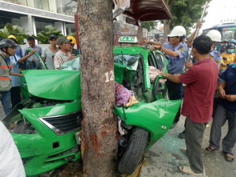 Taxi Mai Linh ủi đuôi xe cùng hãng, rồi tông thẳng gốc cây
