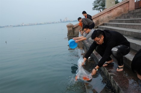 Người thả cá bằng tay, kẻ quăng túi nilon xuống nước ngày tiễn ông Táo