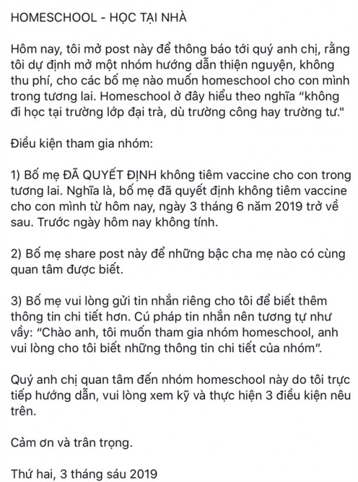 Lôi kéo phụ huynh không tiêm vắc xin cho con bằng miễn phí homeschool