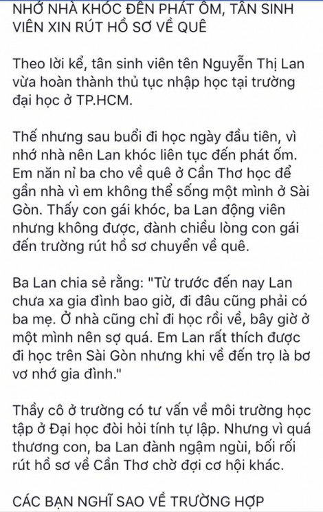 Tân sinh viên 'gà bông' quá nhớ nhà, phải rút hồ sơ về quê