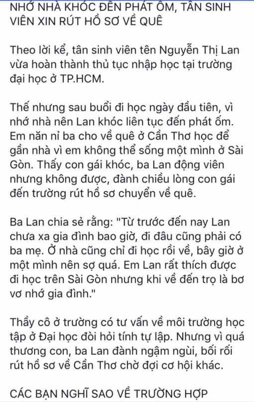 Tân sinh viên 'gà bông' quá nhớ nhà, phải rút hồ sơ về quê