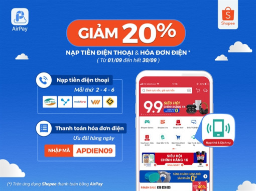Tiết kiệm 20% khi nạp tiền và thanh toán hóa đơn trên Shopee với AirPay