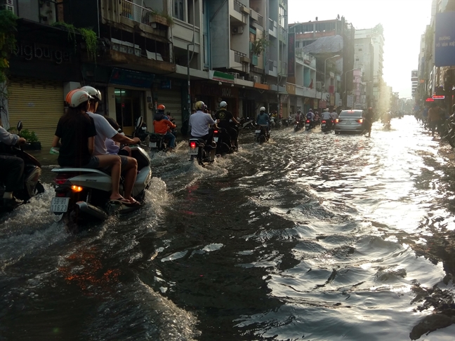 Dan van phong o trung tam Sai Gon hi huc ‘tang ca’ tat nuoc chong ngap