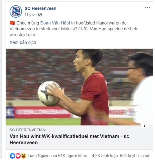 Cau lac bo Ha Lan SC Heerenveen chuc mung Doan Van Hau tren Facebook