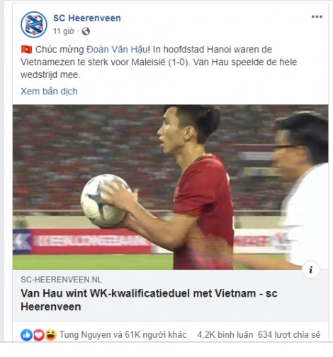Câu lạc bộ Hà Lan SC Heerenveen chúc mừng Đoàn Văn Hậu trên Facebook