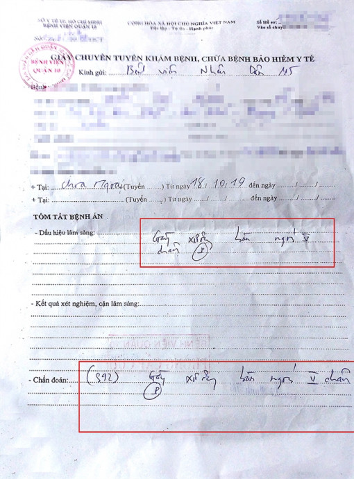 Bệnh nhân bị rạn xương chân trái, giấy chuyển viện ghi gãy xương chân phải