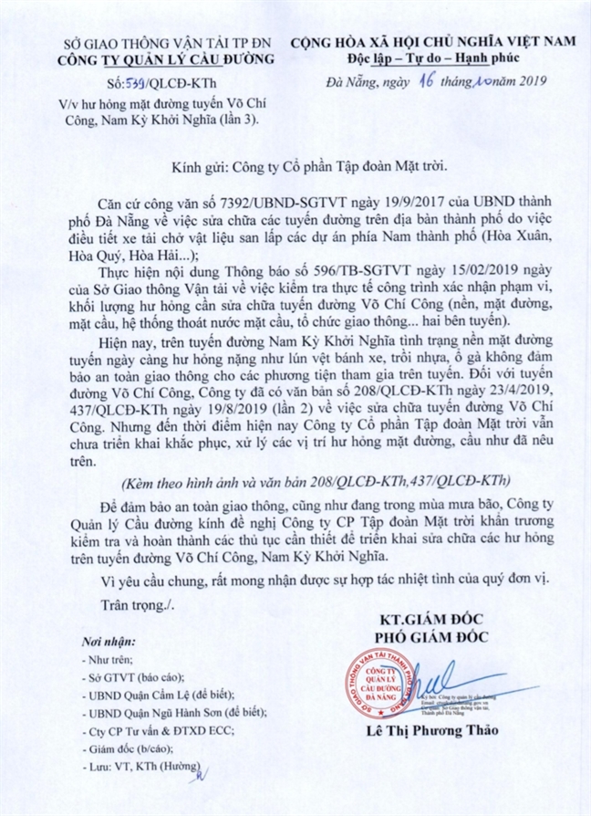 Da Nang lien tuc gui de nghi Sun Group sua chua cac tuyen duong bi lam hong