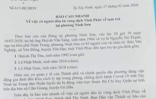 Ba người từ Vĩnh Phúc đến Tây Ninh không phải cách ly