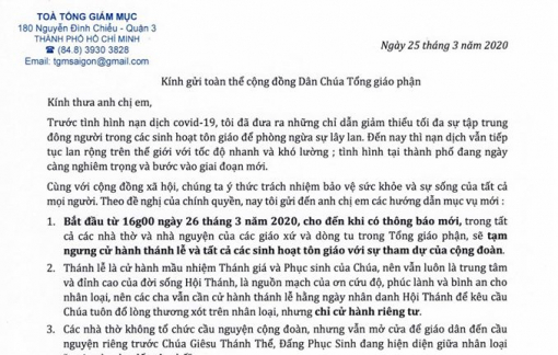 Tổng giáo phận TPHCM ngưng cử hành thánh lễ và tất cả sinh hoạt khác