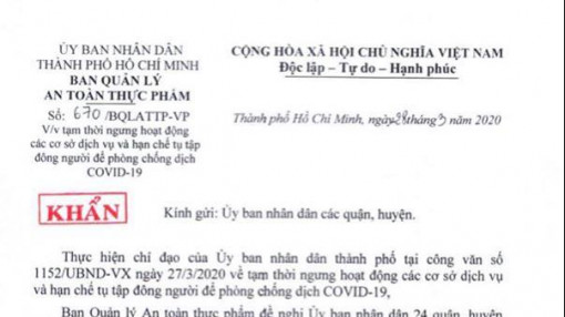 Từ hôm nay, 28/3, TPHCM tạm ngưng dịch vụ kinh doanh ăn uống tại chỗ