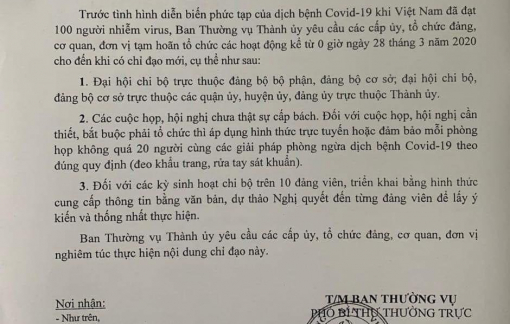 Thành ủy TPHCM tạm hoãn đại hội chi bộ, đảng bộ cơ sở và các hội nghị không cần thiết