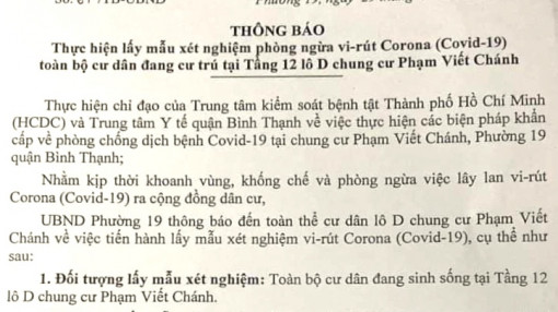 Toàn bộ cư dân tầng 12, khu D chung cư Phạm Viết Chánh phải xét nghiệm virus SARS-CoV-2